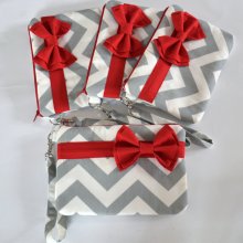 Set of 7 Bridesmaid Bridal Clutch Bridesmaid Pouch Cosmetic Case Accessory Pouch Zippered Grey & White Chevron with Red Bow