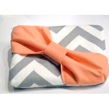 Set of 7 Bridesmaids Clutch Bridesmaid Pouch Cosmetic Case Accessory Pouch Zippered Grey & White Chevron with Orange Diagonal Bow