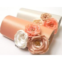 Shabby Chic Peach Bridal Clutch or Peach Bridesmaid Clutch - Kisslock Snap Bouquet Clutch - Ivory Pale Pink