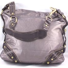 Shiny pewter soft faux leather bottom stud shoulder handbag