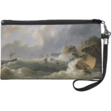 Shipping off a Coastline in a Rough Sea (oil on ca Wristlet Clutches