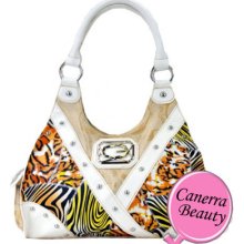 Signature Jacquard Zebra Patchwork Western Studs Pocket Hobo Purse White