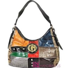 Signature Patent Patchwork Western Studded Shoulder Bag Hobo Purse Black Multi