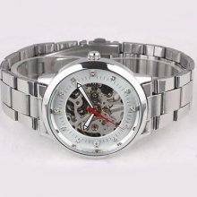 Silver Tone Skeleton Face Men Mechanical Watch Na26