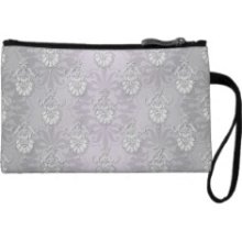 Silvery Grey and White Damask Wristlet Purses