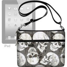 Skulls iPad Case Tablet Case iPad Purse Adjustable Strap Cross Body Bag CrossBody Purse Steampunk Goth Black Gray