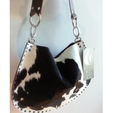 Small Calf Skin Short Hair On Leather Handmade Handbag with Swarovski Crystal Contrast Strap