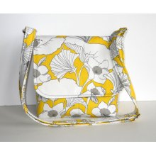 Small Cross Body Bag / Fabric Purse - Lemon Yellow with White Poppies