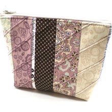 Small Flat Bottom Zipper Pouch Plum Mauve and Cream Quilted Patchwork