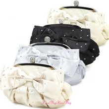 Sparkling Rhinestone Soft Pouch Clutch Bow Of Ribbon Crown Top Closes Push Lock