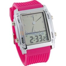 Square Shaped Plastic Band Stainless Steel Case Multicolor LED Dual Movement Wrist Watch (Pink)