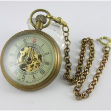 Steampunk Copper Skeleton Hand Winding Mechanical Pendant Chain Pocket Watch