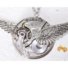 Steampunk Necklace - Incredible Wing 111 Yrs Old Spade GUILLOCHE ETCHED WALTHAM Antique Pocket Watch Movement Silver Men Steampunk Necklace