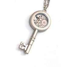 Steampunk - Skeleton Key - Pendant Necklace - Jeweled Watch Movement -