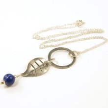 Sterling Silver Leaf Necklace - Blue Lapis Gemstone Silver Circle Jewelry