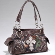 Studded Camouflage/coffee Trim Shoulder Bag W/ Rhinestone Cross