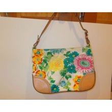 Summer Coach Colorful Floral Fabric Tan Leather Trim Handbag Purse Bag Mok-8176