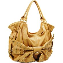 Summer Studded Fashion Hobo Faux Leather Handbag Purse Light Brown