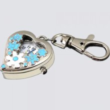 Sweet Heart Flower Quartz Pocket Watch Keychain Blue