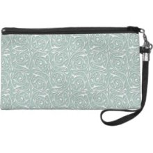 Swirling Vines in Pale Sage Green and White Wristlet