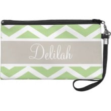 Tan Brown Green Chevron Name Wristlet