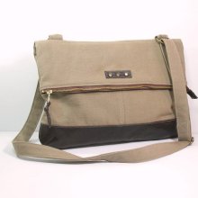 Tan canvas unisex bag, canvas and leather bag, adjustable strap bag