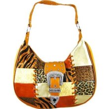 Tan Patchwork Studded Rhinestone Buckle Hobo Bag