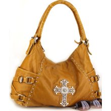 Tan Rhinestones Western Cross Distress Purse Bag Cute