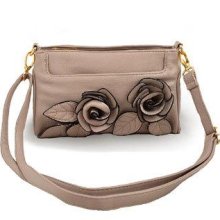 Tan Small Shoulder Bag with Big Flowers handbag hand bag purse pocketb