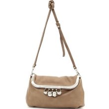 Taupe Push Lock Flap Skull Accent Women Shoulder Bag With Adjustable Strap