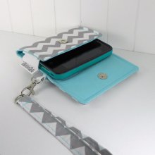 The Errand Runner - Cell Phone Wallet - Wristlet - for iPhone/Android - Chevron in Gray/Aqua