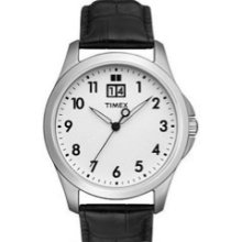 Timex T2N301 Mens Classics White Dial Black Leather Strap Watch - Leather - Black