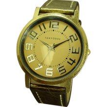 TOKYObay Unisex Platform Metallic Analog Stainless Watch - Gold Leather Strap - Gold Dial - T135M-GD