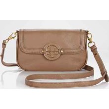 Tory Burch Amanda Leather Cross Body Logo Handbag Clay Beige Gold Classic