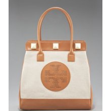 Tory Burch Canvas Leather Meredith Tote Handbag Brown