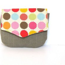 travel clutch // gray herringbone canvas - bright geometric floral // cosmetics bag with mirror - makeup bag