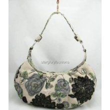 Trendy Linen/cotton Beaded Black Flowers Handbag Hobo