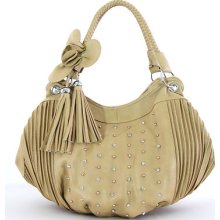 Trina Rhinestone & Studded Flower Hobo Diagonal Purse - Sparkle Bling - Tan