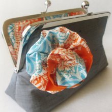 Turquoise Orange Clutch Wedding - Gift Ideas - Kisslock Handbags Bag Purse - Flower Brooch - Handmade by Lolis Creations