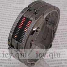 Usa Seller Fashion Binary Digital Red Led Watch Metal Band Boys Gift Black P8