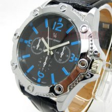 V6 Fashion Black+blue Bezel Pu Leather Band Boys Men Sport Wrist Watch Q2602