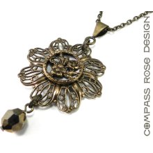 Victorian Rose Necklace - Antique Mirror Button - Silver Gold Drop Crystal - Edwardian Elegance