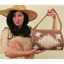 Vintage 1950s Woven Shoulder Bag in Brown & White Wicker with Shells