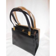 Vintage 50's Black Leather Kelly Style Small Handbag ,bag