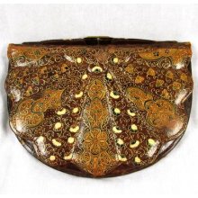 Vintage 60s Leather Clutch Purse Evening Bag Clamshell Paisley Brown Id Coin