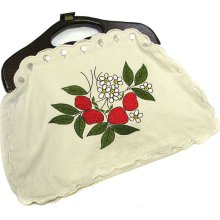 Vintage '70s Large Strawberry/Daisy Embroidered Purse, Wood Handle