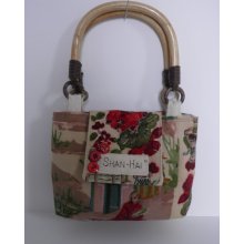 Vintage Asian fabric purse with bamboo handles