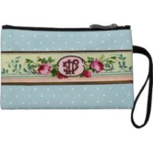 Vintage Baby Blue Polka Dots With Floral Trim Wristlet Purses