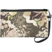 Vintage brown beige flowers and birds wristlet