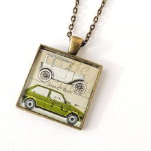 Vintage Cars Necklace, UK, British, Postage Stamp Pendant, Recycled, Philately